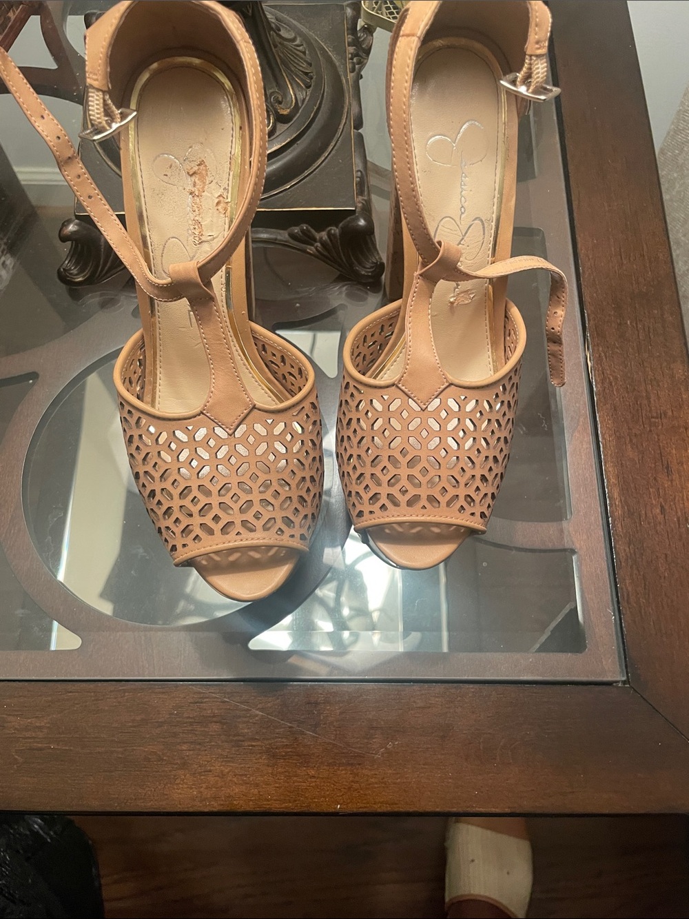 Jessica Simpson Tan Laser-Cut Ankle Strap Heels